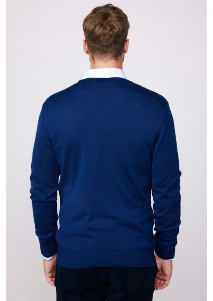 Slim Fit V Yaka Pamuklu Erkek Mavi Kazak indirimleri