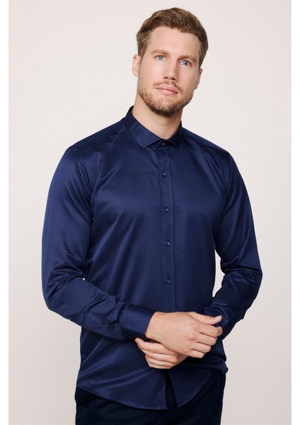 Modern Slim Fit Düz Saten Pamuklu Erkek Lacivert Gömlek
