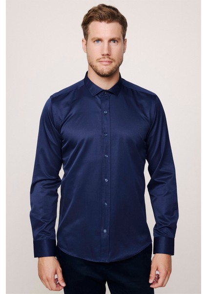 Modern Slim Fit Düz Saten Pamuklu Erkek Lacivert Gömlek fiyatları