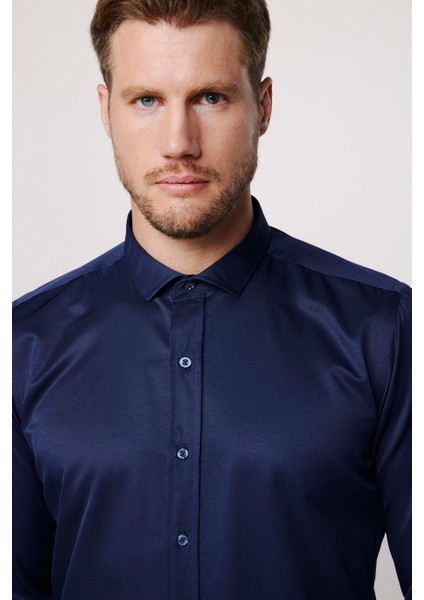Modern Slim Fit Düz Saten Pamuklu Erkek Lacivert Gömlek modelleri