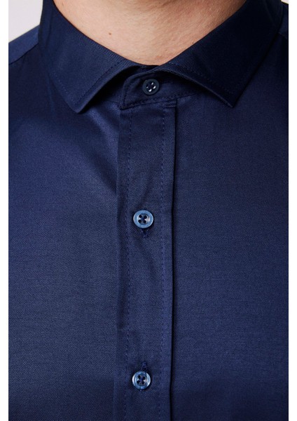 Modern Slim Fit Düz Saten Pamuklu Erkek Lacivert Gömlek fırsatları