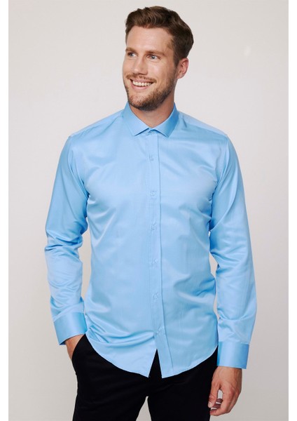 Modern Slim Fit Düz Saten Pamuklu Erkek Mavi Gömlek