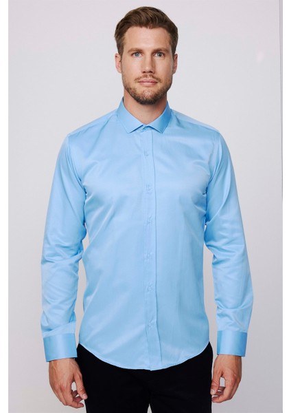 Modern Slim Fit Düz Saten Pamuklu Erkek Mavi Gömlek fiyatları