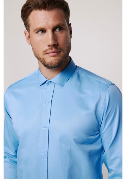 Modern Slim Fit Düz Saten Pamuklu Erkek Mavi Gömlek modelleri