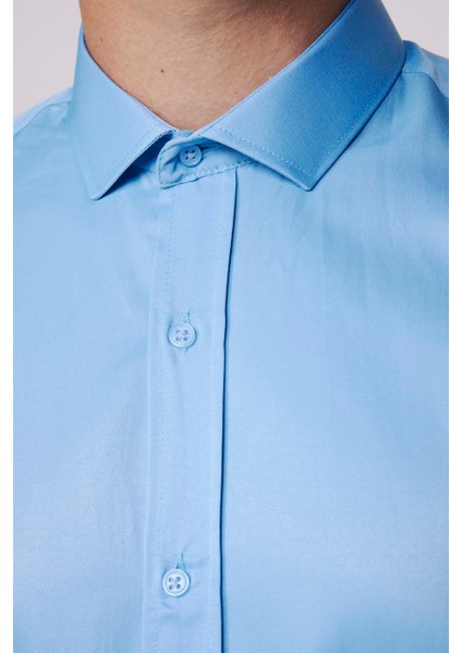 Modern Slim Fit Düz Saten Pamuklu Erkek Mavi Gömlek fırsatları