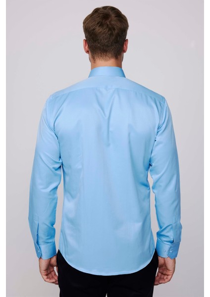 Modern Slim Fit Düz Saten Pamuklu Erkek Mavi Gömlek indirimleri