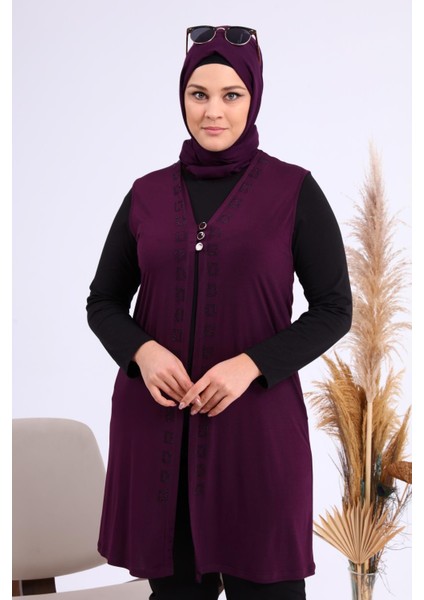 Kadin Buyuk Beden Üç Düğmeli Likralı Yelek