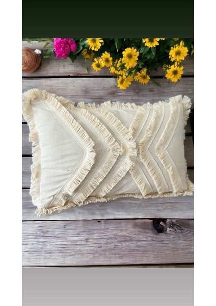Üç Püsküllü Keten Krem Kırlent Kırlent Kılıfı 35 x 55 cm modelleri