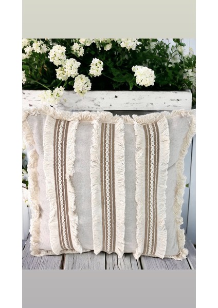 Üç Püsküllü Keten Krem Kırlent Kırlent Kılıfı 35 x 55 cm fırsatları