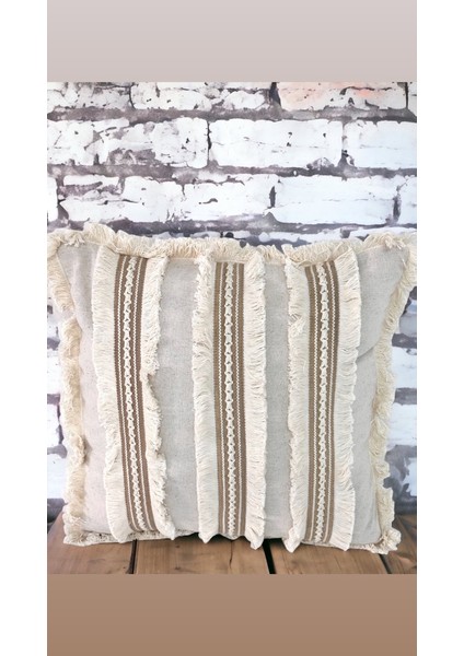 Üç Püsküllü Keten Krem Kırlent Kırlent Kılıfı 35 x 55 cm