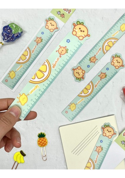 Kawaii Fruit Portakal Desenli Mıknatıslı Kitap Ayracı ve Cetvel / Yer Imi