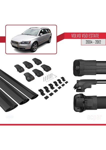 Volvo V50 Estate 2004-2012 Arası ile Uyumlu Ace-1 Ara Atkı Tavan Barı Siyah 3 Adet Bar
