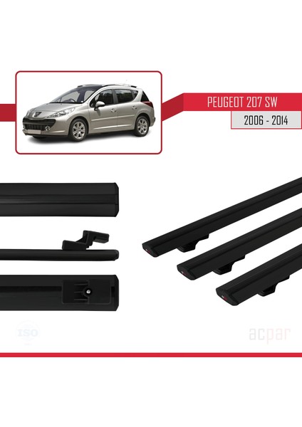 Peugeot 207 Sw 2006-2014 Arası ile Uyumlu Basıc Model Ara Atkı Tavan Barı Siyah 3 Adet