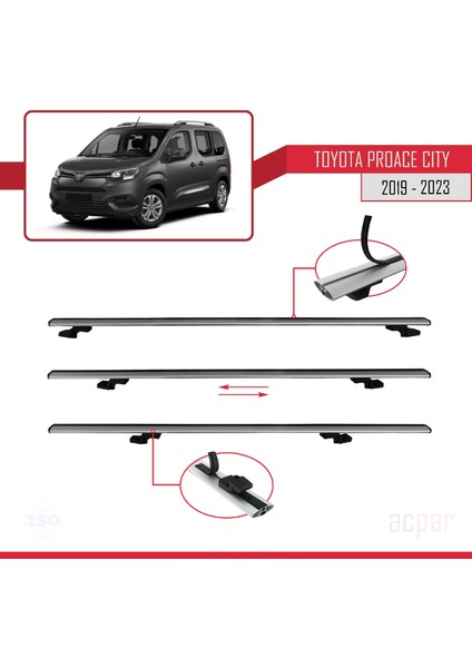 Toyota Proace City 2019 ve Sonrası ile Uyumlu Basıc Model Ara Atkı Tavan Barı Gri 3 Adet