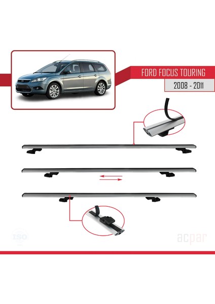 Ford Focus Tourıng 2008-2011 Arası ile Uyumlu Basıc Model Ara Atkı Tavan Barı Gri 3 Adet