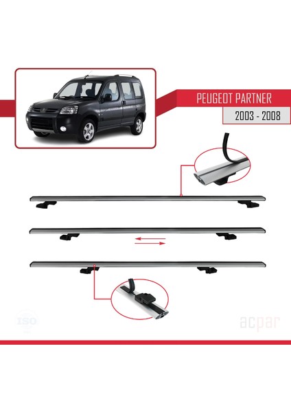 Peugeot Partner 2003-2008 Arası ile Uyumlu Basıc Model Ara Atkı Tavan Barı Gri 3 Adet indirimleri