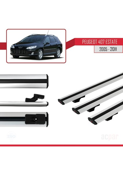 Peugeot 407 Estate 2005-2011 Arası ile Uyumlu Basıc Model Ara Atkı Tavan Barı Gri 3 Adet