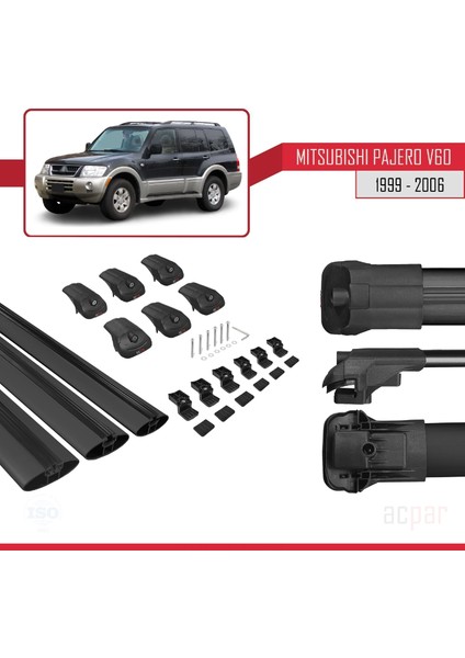 Mitsubishi Pajero (V60) 1999-2006 Arası ile Uyumlu Ace-1 Ara Atkı Tavan Barı Siyah 3 Adet Bar indirimleri