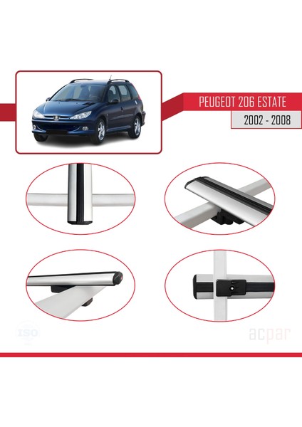 Peugeot 206 Estate 2002-2008 Arası ile Uyumlu Basıc Model Ara Atkı Tavan Barı Gri 3 Adet