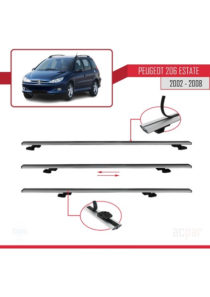 Peugeot 206 Estate 2002-2008 Arası ile Uyumlu Basıc Model Ara Atkı Tavan Barı Gri 3 Adet