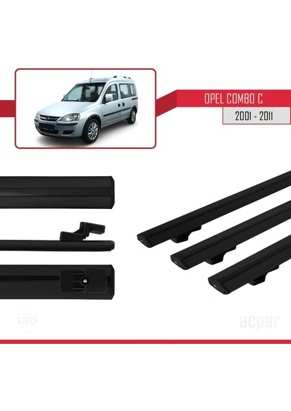 Opel Combo (C) 2001-2011 Arası ile Uyumlu Basıc Model Ara Atkı Tavan Barı Siyah 3 Adet