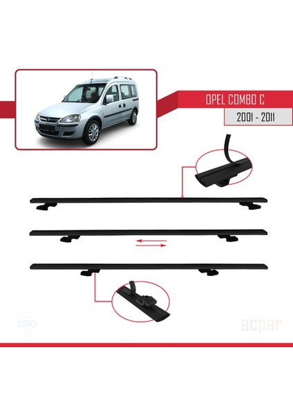 Opel Combo (C) 2001-2011 Arası ile Uyumlu Basıc Model Ara Atkı Tavan Barı Siyah 3 Adet