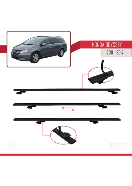 Honda Odyssey 2011-2017 Arası ile Uyumlu Basıc Model Ara Atkı Tavan Barı Siyah 3 Adet