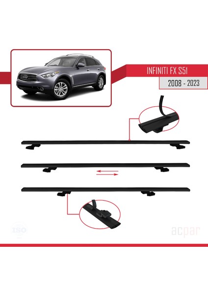 Infiniti Fx S51 2008 ve Sonrası ile Uyumlu Basıc Model Ara Atkı Tavan Barı Siyah 3 Adet