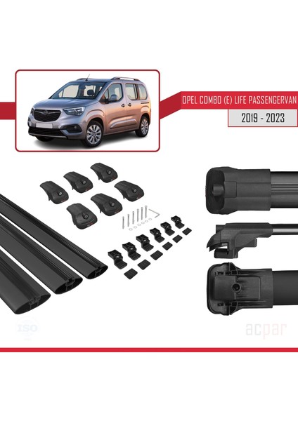 Opel Combo (E) Life Passengervan 2019 ve Sonrası ile Uyumlu Ace-1 Ara Atkı Tavan Barı Siyah 3 Adet Bar indirimleri