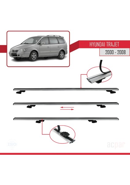 Hyundai Trajet 2000-2008 Arası ile Uyumlu Basıc Model Ara Atkı Tavan Barı Gri 3 Adet indirimleri