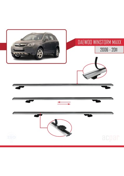 Daewoo Winstorm Maxx 2006-2011 Arası ile Uyumlu Basıc Model Ara Atkı Tavan Barı Gri 3 Adet