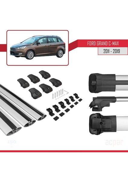 Ford Grand C-Max 2011-2019 Arası ile Uyumlu Ace-1 Ara Atkı Tavan Barı Gri 3 Adet Bar