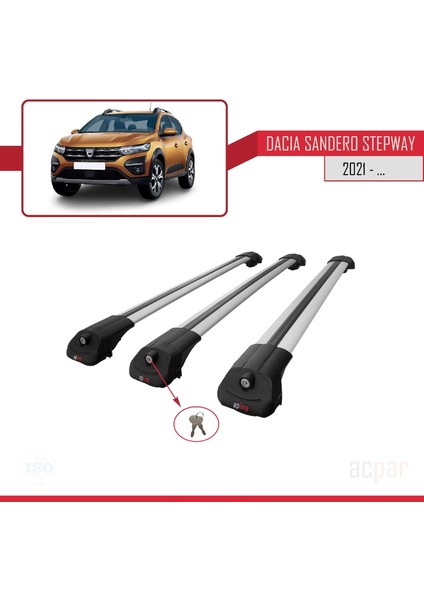 Dacia Sandero Stepway 2021 ve Sonrası ile Uyumlu Ace-1 Ara Atkı Tavan Barı Gri 3 Adet Bar