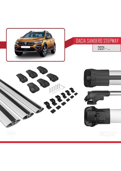 Dacia Sandero Stepway 2021 ve Sonrası ile Uyumlu Ace-1 Ara Atkı Tavan Barı Gri 3 Adet Bar