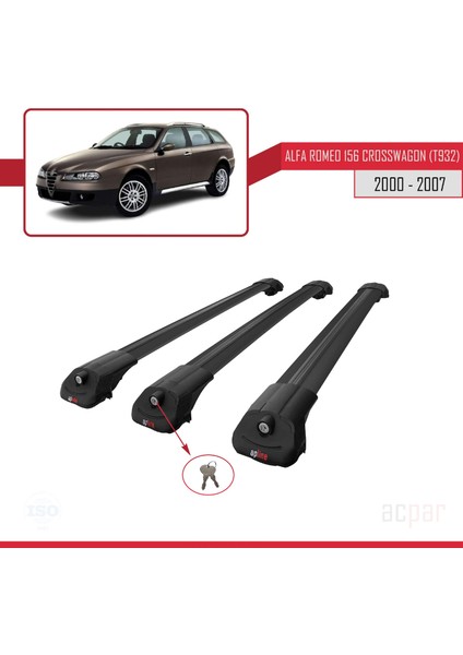 Alfa Romeo 156 Crosswagon (T932) 2000-2007 Arası ile Uyumlu Ace-1 Ara Atkı Tavan Barı Siyah 3 Adet Bar