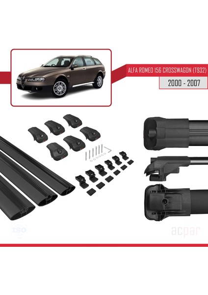 Alfa Romeo 156 Crosswagon (T932) 2000-2007 Arası ile Uyumlu Ace-1 Ara Atkı Tavan Barı Siyah 3 Adet Bar