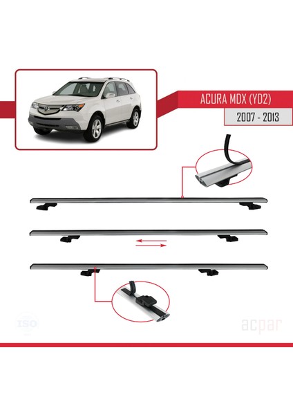 Acura Mdx (Yd2) 2007-2013 Arası ile Uyumlu Basıc Model Ara Atkı Tavan Barı Gri 3 Adet