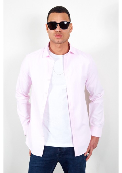Pembe Erkek Beyaz Kolay Ütülenebilir Standart Fit Normal Kesim Oxford Gömlek