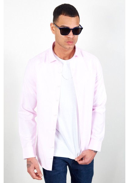 Pembe Erkek Beyaz Kolay Ütülenebilir Standart Fit Normal Kesim Oxford Gömlek