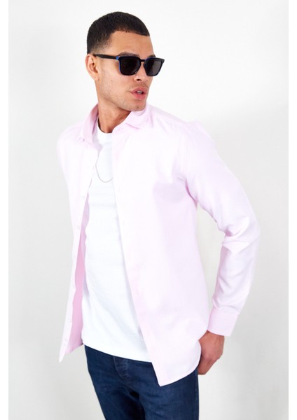 Pembe Erkek Beyaz Kolay Ütülenebilir Standart Fit Normal Kesim Oxford Gömlek