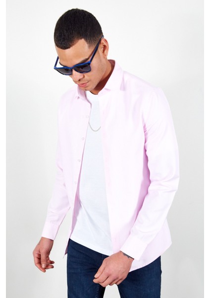 Pembe Erkek Beyaz Kolay Ütülenebilir Standart Fit Normal Kesim Oxford Gömlek