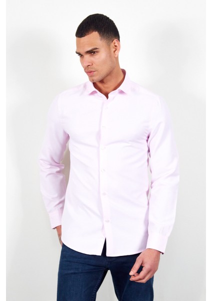 Pembe Erkek Beyaz Kolay Ütülenebilir Standart Fit Normal Kesim Oxford Gömlek