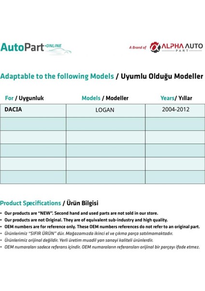 Alpha Auto Part Dacia Logan Için Sağ Cam Tamir Seti