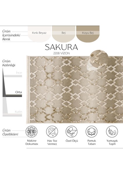 Sakura 2208 Vizon Hav Toz Vermez Etnik Desenli Modern Dokuma Bukleli Salon Halısı