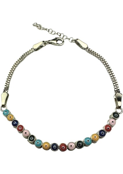 925 Ayar Gümüş Renkli Mineli Nazar Boncuklu Yarım Su Yolu Bileklik