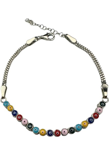 925 Ayar Gümüş Renkli Mineli Nazar Boncuklu Yarım Su Yolu Bileklik fiyatları
