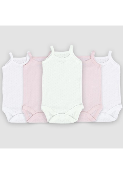 5'li Jakarlı Ip Askılı Bebek Body Zıbın Çıtçıtlı 100% Pamuk - Ekru Pembe Beyaz