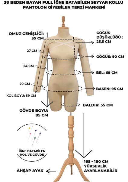 38 Beden Üst ve Alt Grup Pantolon Giyebilen Kollu Iğne Batabilen Prova Mankeni Terzi Mankeni fırsatları