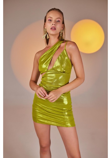 Tek Omuz Detaylı Parlak Mini Thea Elbise Yeşil