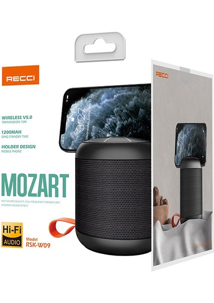 Wireless Bluetooth Speaker Hoparlör Recci RSK-W09 Mozart Serisi Hi-Fi Telefon Tutuculu 1200MAH Siyah